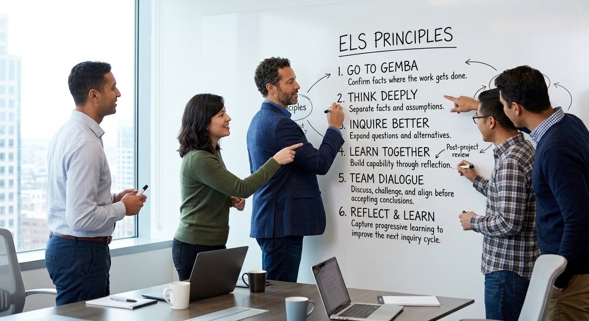 Team reviewing the ELS principles on a whiteboard together.