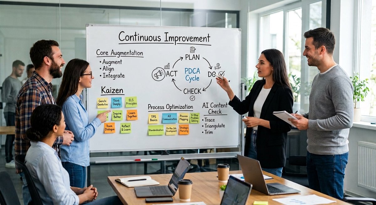 Team collaborating around a whiteboard on continuous improvement initiatives.